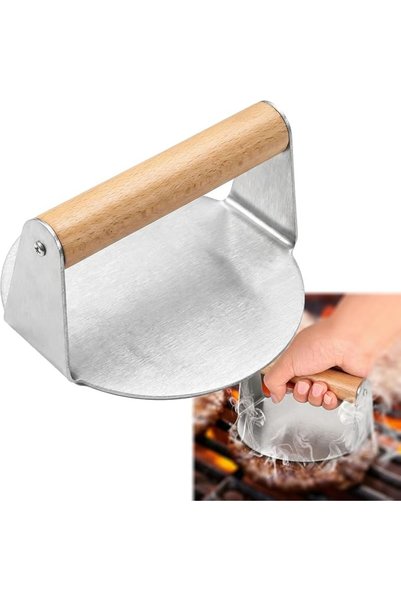 ToolHouse مكبس برجر دائري بمقبض خشبي 14 سم، أداة ضغط البرجر شديدة التحمل للاس...