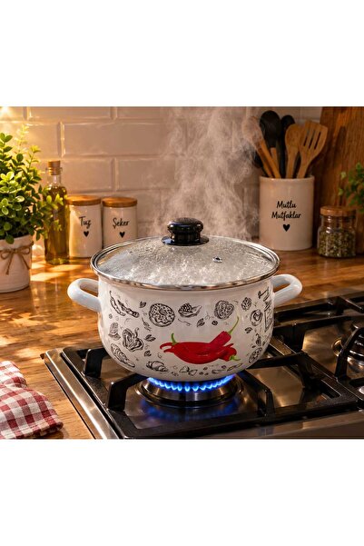 EBRULİEMAYE Biber White Enamel Pot 5 Liters 24 cm Diameter Milk Yogurt Soup C...