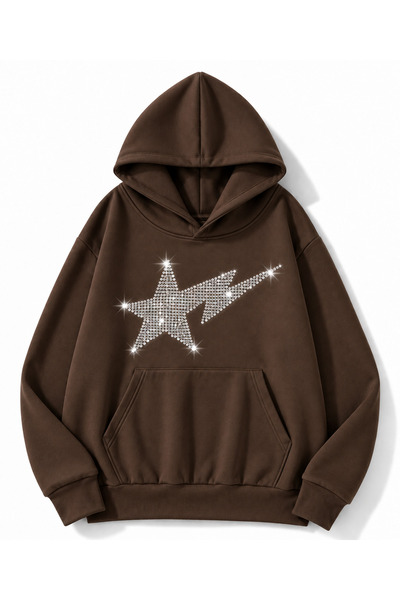 MOONBULL Unisex Yıldız Şimşek Taş Baskılı 3 İplik Kışlık Kapüşonlu Kanguru Ce...