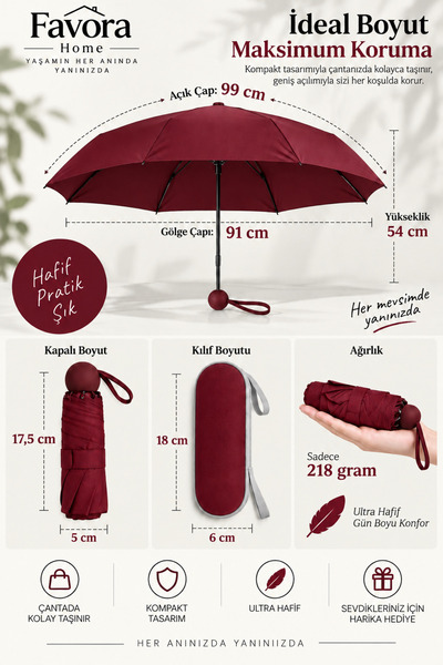 FAVORA RainBox Kapsül Şemsiye - Kutulu Mini Katlanır Çanta Boy Şemsiye Bordo