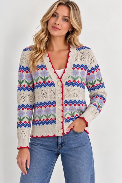 Saade Beige V-Neck Patterned Openwork Knitwear Cardigan