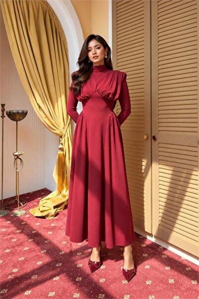 Neşeli Butik Women's Burgundy Stand-Up Collar Padded Crepe Fabric Dress with ...