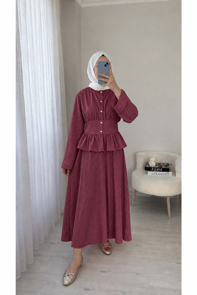 Hepsi Moda Beli Kemer Detaylı Çizgili Etekli Takım - Bordo