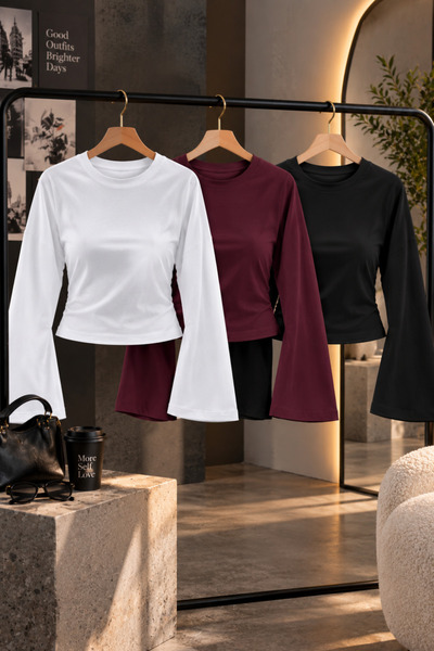 COMBİNE MİCHAİL Women's Basic Wide Sleeve Crop Blouse 3-Piece