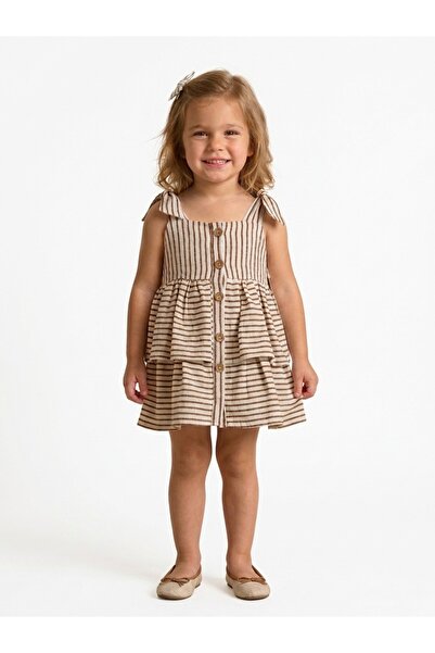 Cumino Girls' Striped Dress with Bow-Embellished Shoulder Straps and Front Bu...