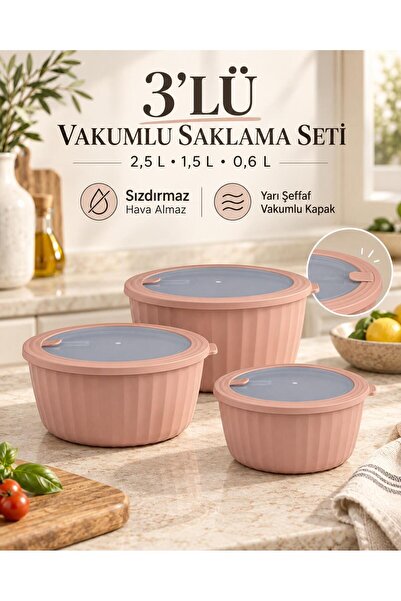 Okyanus Home Colesium Premium Vakumlu Kapaklı 3'lü Pembe Saklama Kabı 2.5lt-1...