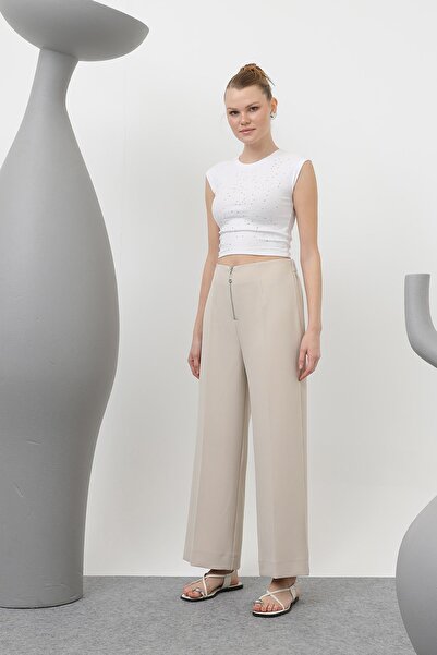 Puane Women's Zipper Detailed Pencil Trousers Beige 18228