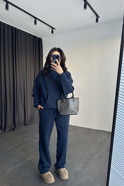 Perry Boutique Set de trening albastru marin cu 3 fire, cu buzunare cangur și talie elastică