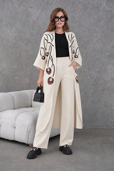 Moda Neval Women's Bead Embellished Long Cardigan Wide Leg Pants Knitwear Two...