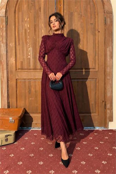 Neşeli Butik kadın bordo dik yaka vatkalı ışıltılı tam boy elbise NBMY4184