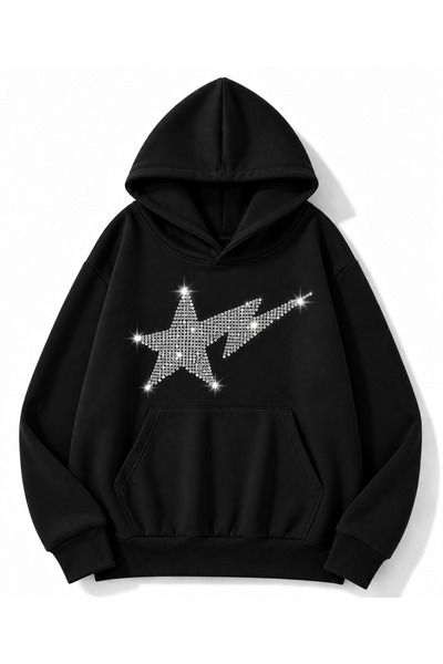 MOONBULL Unisex Yıldız Şimşek Taş Baskılı 3 İplik Kışlık Kapüşonlu Kanguru Ce...