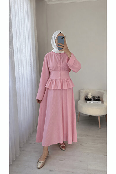 Hepsi Moda Beli Kemer Detaylı Çizgili Etekli Takım - Pembe