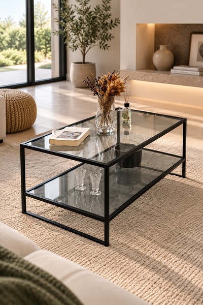 Teknor Füme Camlı Siyah Orta Sehpa Çift Raflı Modern Tasarım 90*50*46 cm