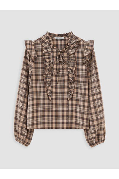 LC Waikiki Alita City Lcw Modest Brown Plaid Tie Collar Long Sleeve Women's B...