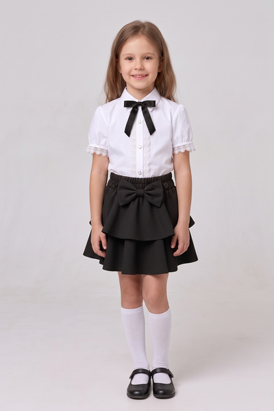 FATELLA Girls' Black Bow Lace White Short Sleeve Shirt Black Bow Layered Skir...