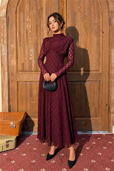Neşeli Butik kadın bordo dik yaka vatkalı ışıltılı tam boy elbise NBMY4184