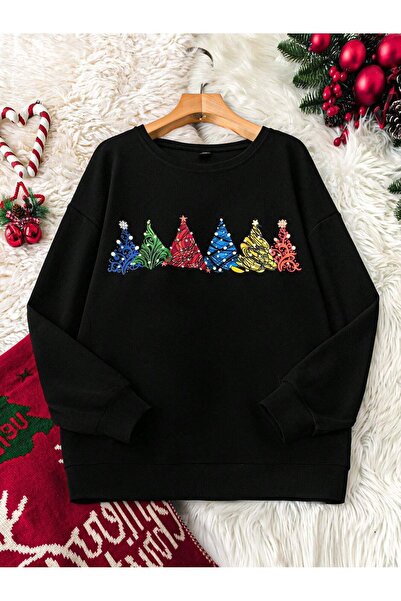 ARMHEM Christmas Trees Printed Black Oversized Sweatshirt