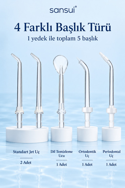 SANSUI Şarjlı Ağız Duşu - 300 ml Su Hazneli - 5 Özellikli Başlık - 4 Çalışma Modlu - Ağız Diş Dil Temizleyici - Beyaz