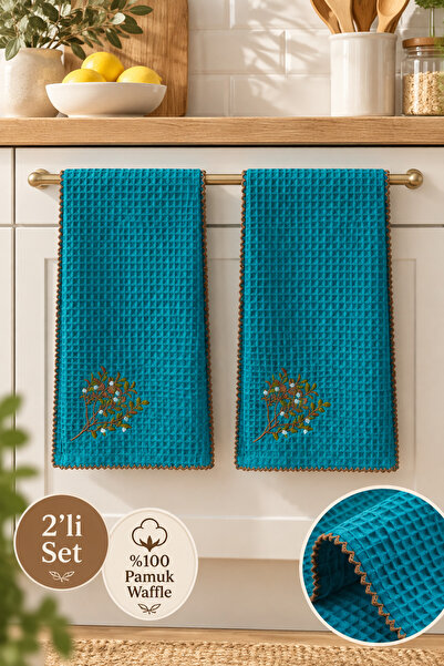 2’li %100 Pamuk Waffle Pike Nakışlı Mutfak Havlusu 30x50 cm Turkuaz El Kurulama Bezi