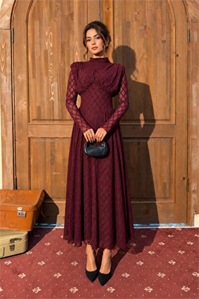Neşeli Butik kadın bordo dik yaka vatkalı ışıltılı tam boy elbise NBMY4184