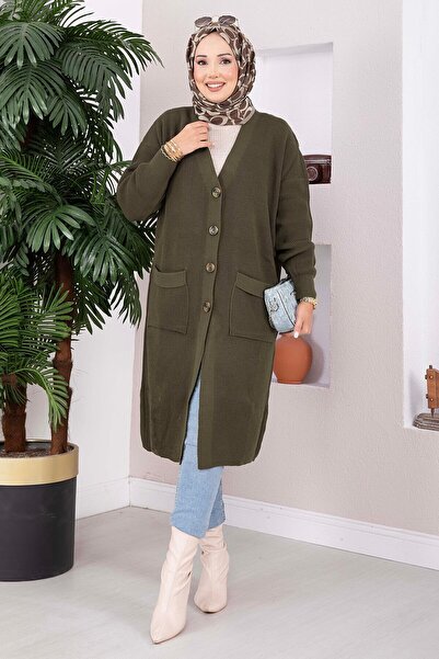 EBRUTESETTÜR Buttoned Pocketed Long Knitwear Cardigan Khaki