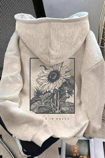 Minga London Gri Flowers Sırt Baskılı Kapüşonlu Oversize Sweatshirt