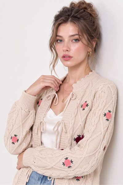 Saade Beige Front-Tie Floral Embroidered Knit Cardigan