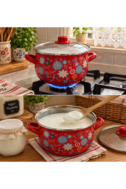 EBRULİEMAYE Blue Floral Red Pot 5 Liters 24 cm Diameter Milk Yogurt Soup Cook...