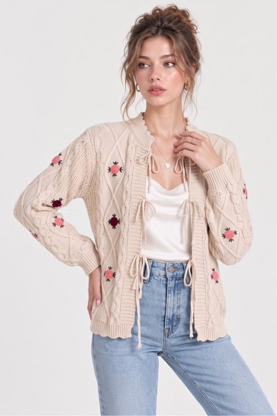 Saade Beige Front-Tie Floral Embroidered Knit Cardigan