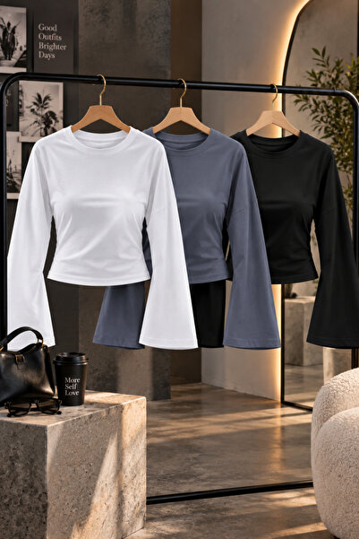 COMBİNE MİCHAİL Women's Basic Wide Sleeve Crop Blouse 3-Piece