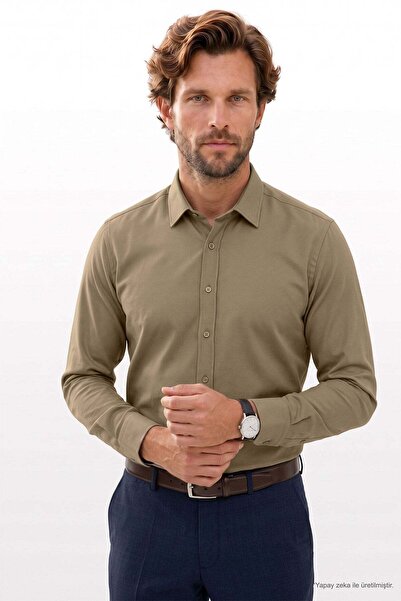 Tudors Erkek Modern Fit Dar Kesim Pamuklu Uzun Kollu Kravatlık Armürlü Bej Gö...
