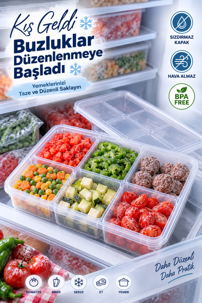 grimorlife 6 Bölmeli 2 Adet Sızdırmaz Buzdolabı İçi Düzenleyici Buzluk Derin Dondurucu Saklama Kabı- Kışlık Saklama Kabı 2,1 lt.