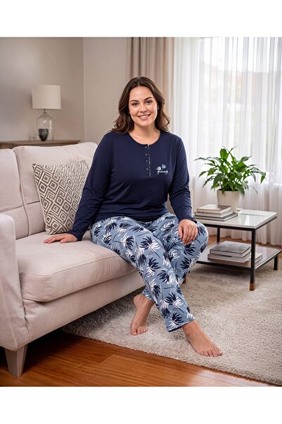 REN Women's navy blue 100% cotton solid fabric oversized comfort fit pajama set