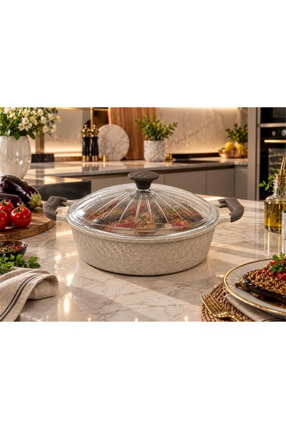OMS Biogranit Ağır Döküm Silikon Kulplu 30x8 Cm - 5,30 Litre Basık Tencere ( ...