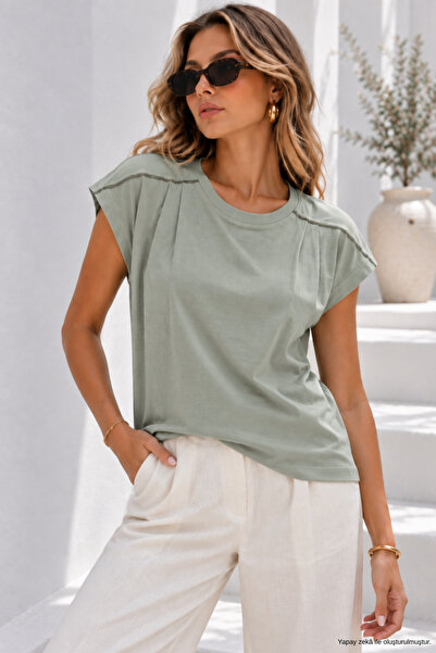 Rich Women's Mint Green Cotton Modal Crew Neck T-Shirt - Short Sleeve Blouse ...