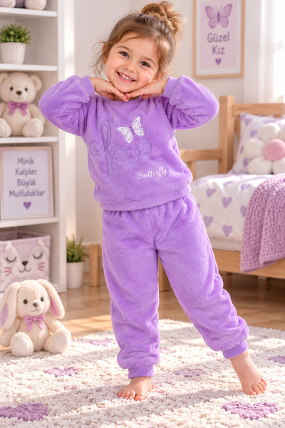 SERPİL Ss Gi̇yi̇m Girls' Plush Tracksuit Set – Butterfly Printed Fleece Sweat...
