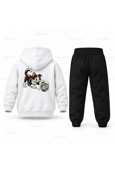 SVART WEAR طقم بدلة رياضية للأطفال من Six Seven 67 Kedi Donen مطبوع عليه كرة