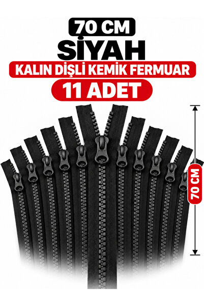 70 cm Kalın Dişli Siyah Fermuar Çanta Fermuarı 11 Adet Plastik Dişli