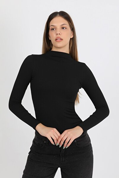 HDM Women's Black Half Fisherman Ribbed Modal Cotton Long Sleeve Blouse - H6173