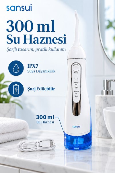 SANSUI Şarjlı Ağız Duşu - 300 ml Su Hazneli - 5 Özellikli Başlık - 4 Çalışma Modlu - Ağız Diş Dil Temizleyici - Beyaz