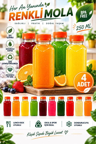 AYGÖREN HOME 4 Adet Boş Meyve Suyu Şişesi - 250 ml Turuncu Kapaklı Smoothie v...