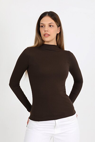 HDM Women's Brown Half Fisherman Ribbed Modal Cotton Long Sleeve Blouse - H6173