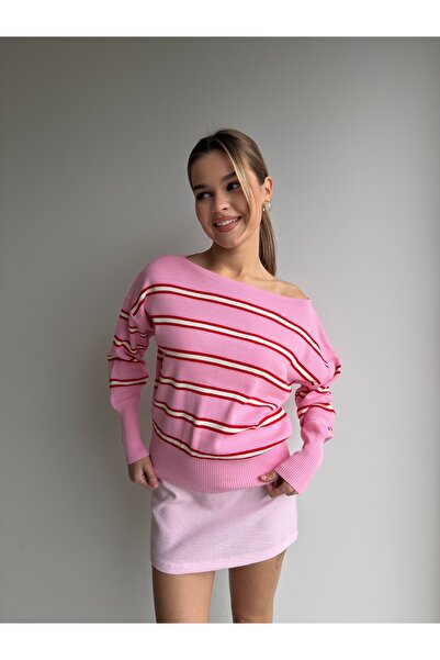 KENZA'A TRİKO Off shoulder striped knit sweater