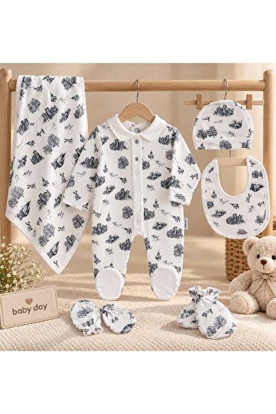 Baby day طقم مواليد 6 قطع من بنقشة الكلاسيك الطبيعية - ملابس حديثي الولادة با...