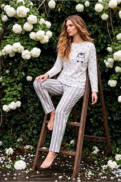 CALİA Women's Gray Penguin Patterned Long Sleeve Soft Knitted Pajama Set