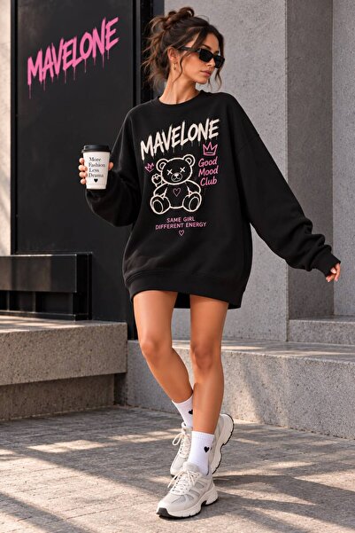 Yeni Trend Baskılı Kadın Oversize Sweatshirt Elbise