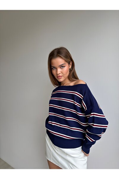KENZA'A TRİKO Off shoulder striped knit sweater
