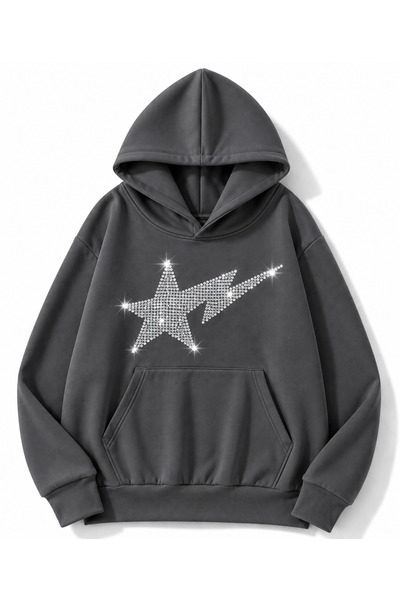 MOONBULL Unisex Yıldız Şimşek Taş Baskılı 3 İplik Kışlık Kapüşonlu Kanguru Ce...