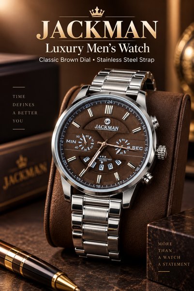 JACKMAN Men’s Stainless Steel Watch – Brown Dial, Silver Metal Bracelet, Date Display, Luxury Analog Wristwatch