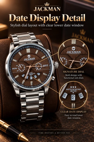 JACKMAN Men’s Stainless Steel Watch – Brown Dial, Silver Metal Bracelet, Date Display, Luxury Analog Wristwatch